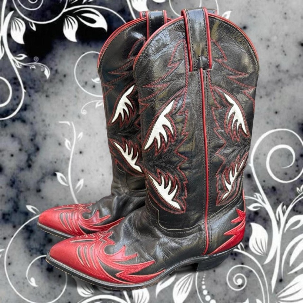 vintage 80s core west red & black genuine leather western boots, sz 7.5- EUC!
